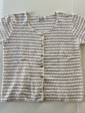 Vtg Reba Rose White w/ Blue & Pink Stripe Knit Button-Front Top/Cardigan Small